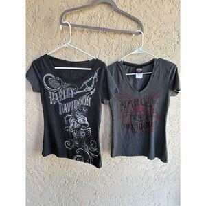 Set Of 2 Harley Davidson Women’s Sz Small Black Widow & Grey Graphic T-shirts